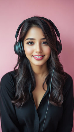 Portrait of an Indian girl with headphones, set against a soft pink backdrop, symbolizing passion for studying online or enjoying music, ideal for lifestyle contentの素材