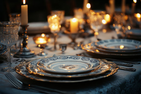 A vintage table setting with ornate china plates, silver cutlery, and crystal glassware, enhanced by soft golden candlelight and lace napkins, creating an elegant, timeless atmosphereの素材