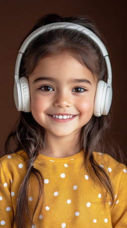 Portrait of a smiling Indian girl with headphones, brown background, expressing passion for music and online studying in a clean designの素材
