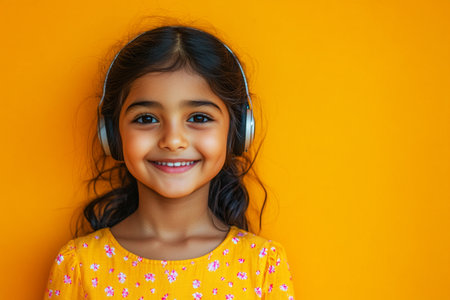 Smiling Indian 8-year-old girl with headphones, yellow background, perfect for a minimalist mock-up concept of music or studying onlineの素材