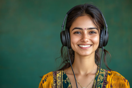 A smiling Indian girl with headphones, set against a bright green background, conveying a passion for music and online studying, perfect for modern lifestyle imageryの素材