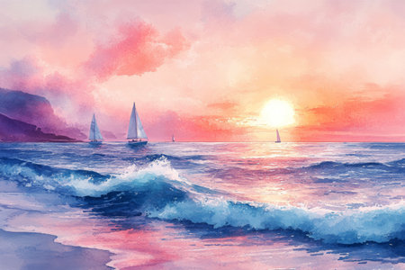 A tranquil sea coast at sunset in soft watercolor, with pastel pink skies blending into the calm ocean, gentle waves, and distant sailboats silhouetted against the glowing horizonの素材