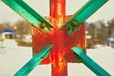 steel structure painted in red and greenの写真素材