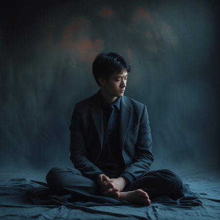 Young asian man sitting on the floor and meditating in dark roomの素材
