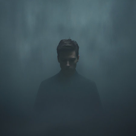 Dark portrait of a man in a dark room with foggy backgroundの素材