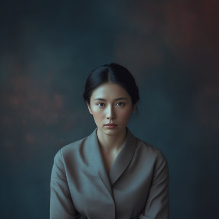 Portrait of a young beautiful Asian woman in gray coat.の素材