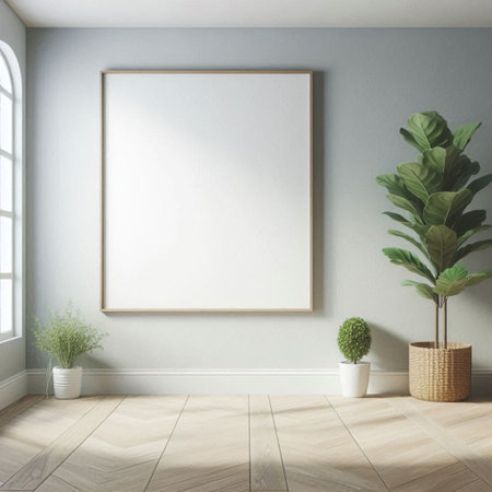 Interior of modern living room with white walls, wooden floor, white mock up poster frame and plants. 3d renderingの素材
