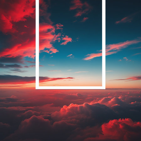 Sunset above clouds with frame. Nature background. 3d renderの素材