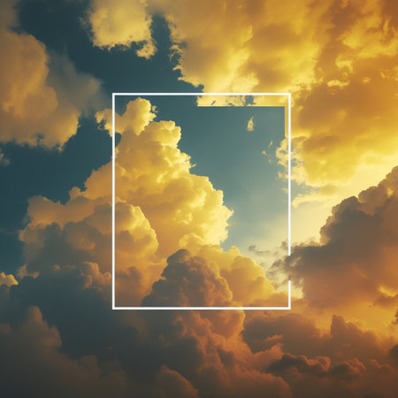 Sunset sky with clouds and frame. Template for your design.の素材