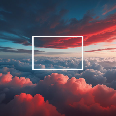 Sunset above clouds with white frame. 3d render illustration.の素材