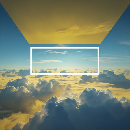 Aerial view of beautiful sunset above clouds with blank frame for your textの素材