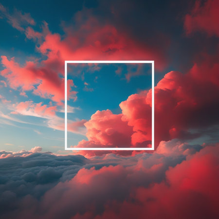 Cloudscape with frame. Sunrise over the clouds. 3d renderの素材
