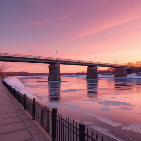 Bridge over the river at sunset in winter, Moscow, Russia.の素材