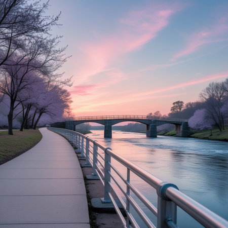Sunset over the river with bridge and cherry blossom trees.の素材