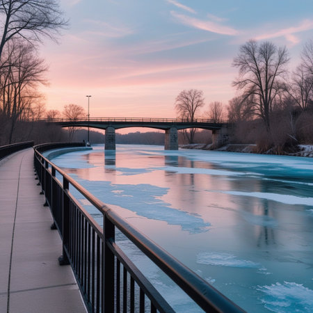 Bridge over the frozen river at sunset. Beautiful winter landscape with frozen river.の素材