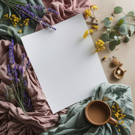 Flat lay composition with blank paper, cup of coffee and lavender flowers on beige background