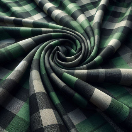 Green checkered fabric in a spiral pattern, square image.