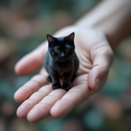 Cute black kitten in human hand, selective focus on its eye