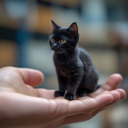 Cute little black kitten in human hand. Selective focus.
