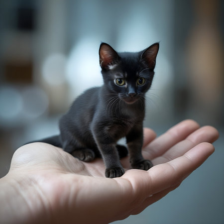 Cute little black kitten sitting on human hand, shallow depth of field