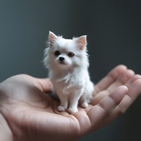 White chihuahua puppy in human hand. Shallow depth of field.