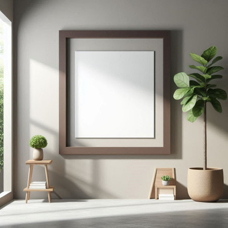 Interior of modern living room with white walls, concrete floor, wooden coffee table with plant and...