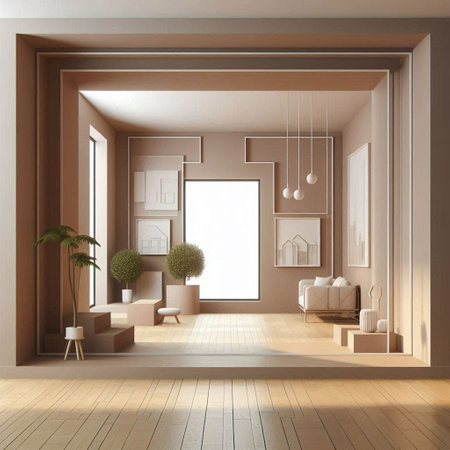 Interior of modern living room with brown walls, wooden floor and beige walls. 3d rendering