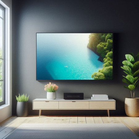 TV on the wall in modern living room. 3d rendering.