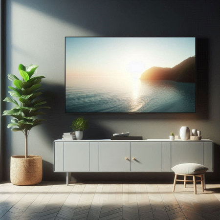 Modern scandinavian living room interior with sea view, furniture and copy space on wall. Mock up,...