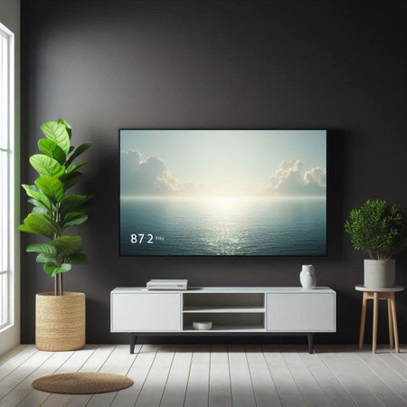 TV on the wall in modern living room. 3d rendering.