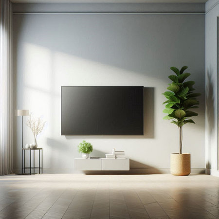 Modern living room with white walls, tiled floor, panoramic window and black mock up poster frame....