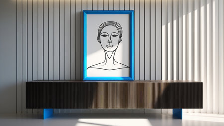 3d rendering of a reception desk with a picture of a woman