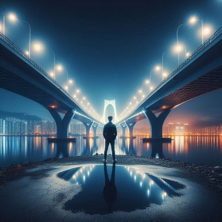 Conceptual image of a businessman standing in front of a bridge at night