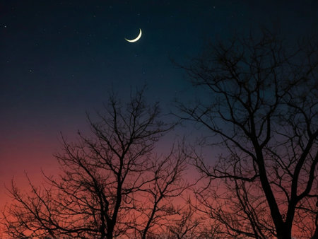Night sky with moon and silhouette of tree. Beautiful nature background.