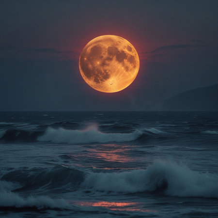 Full moon over the sea at sunset, 3d render illustration.