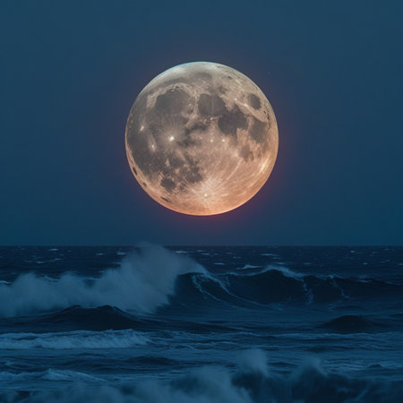 Full moon in the night sky with sea waves and stormy clouds