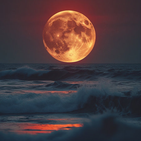 Full moon rising over the sea at sunset. 3D Rendering