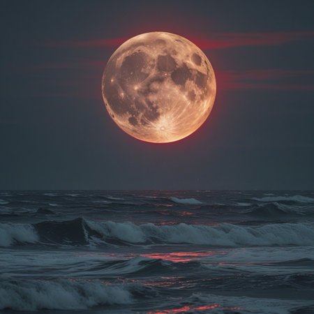 Full moon over the sea at sunset with waves and stormy sky