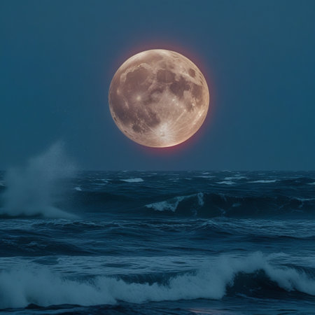 Full moon in the night sky over the sea. 3d rendering