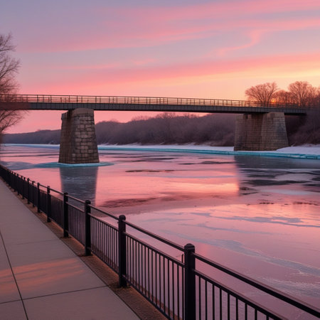 Bridge over the frozen river at sunset. Winter landscape with a bridge.