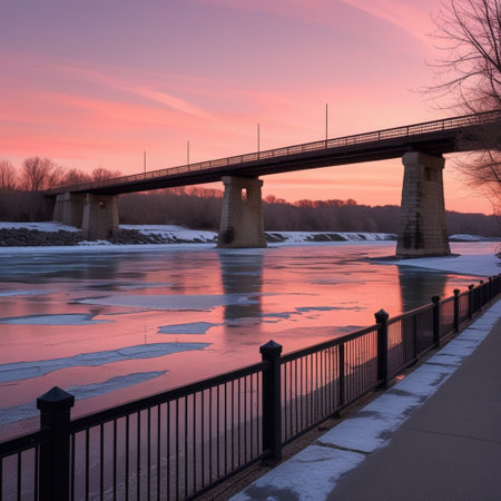 Bridge over the river at sunset. Winter landscape with frozen river.