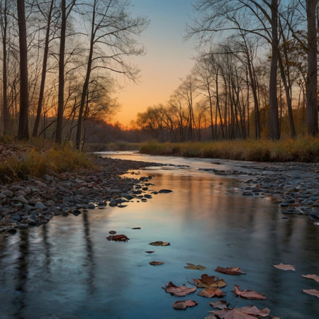 Sunset on the river in the autumn forest. Colorful autumn landscape.