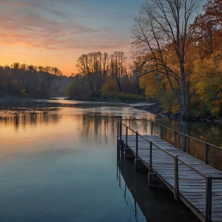 Wooden pier on the river at sunrise. Beautiful autumn landscape.