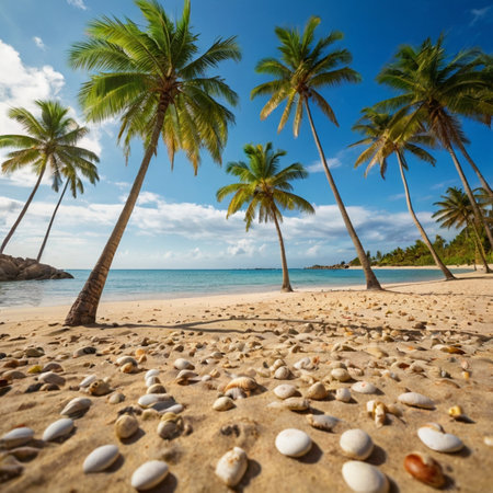 Coconut palm trees and pebbles on the tropical beach