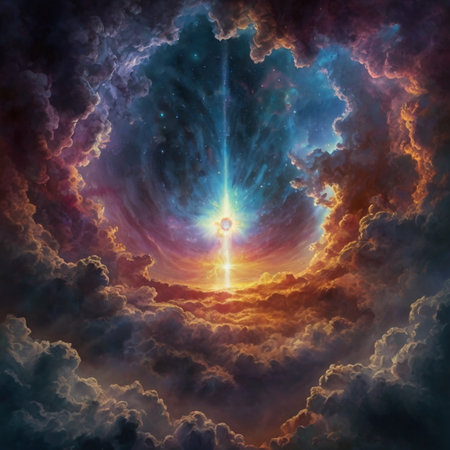 Fantasy cloudscape with sun and stars. 3D illustration.
