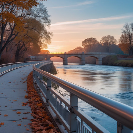 Bridge over the river in the city park at sunrise. Autumn landscape.