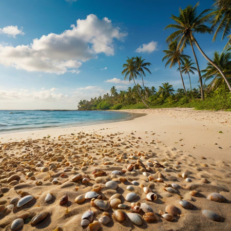 Beautiful tropical beach with palm trees, white sand and sea shells