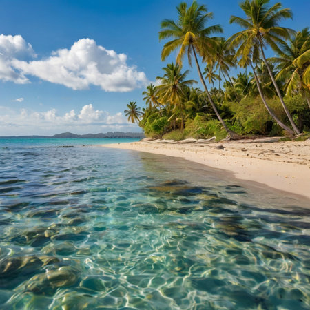 Tropical beach with coconut palm trees at Seychelles