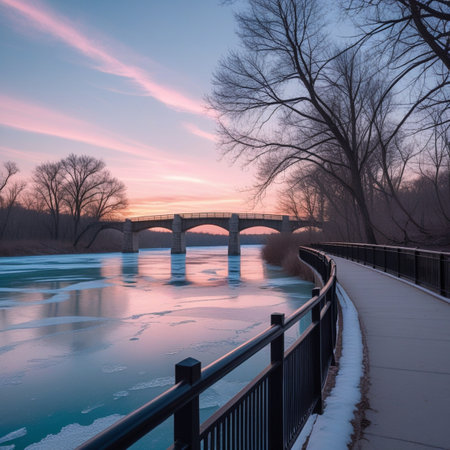 Bridge over the frozen river at sunset. Beautiful winter landscape in the park.