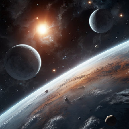 Planets and galaxies in space.